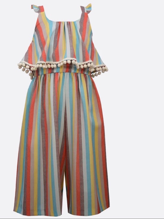 Bonnie Jean Other - Bonnie Jean Multicolor Stripe Jumpsuit with White Pom Trim